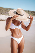 Load image into Gallery viewer, Women's white high-waisted bikini bottoms. Made from sustainable fabric of recycled nylon.